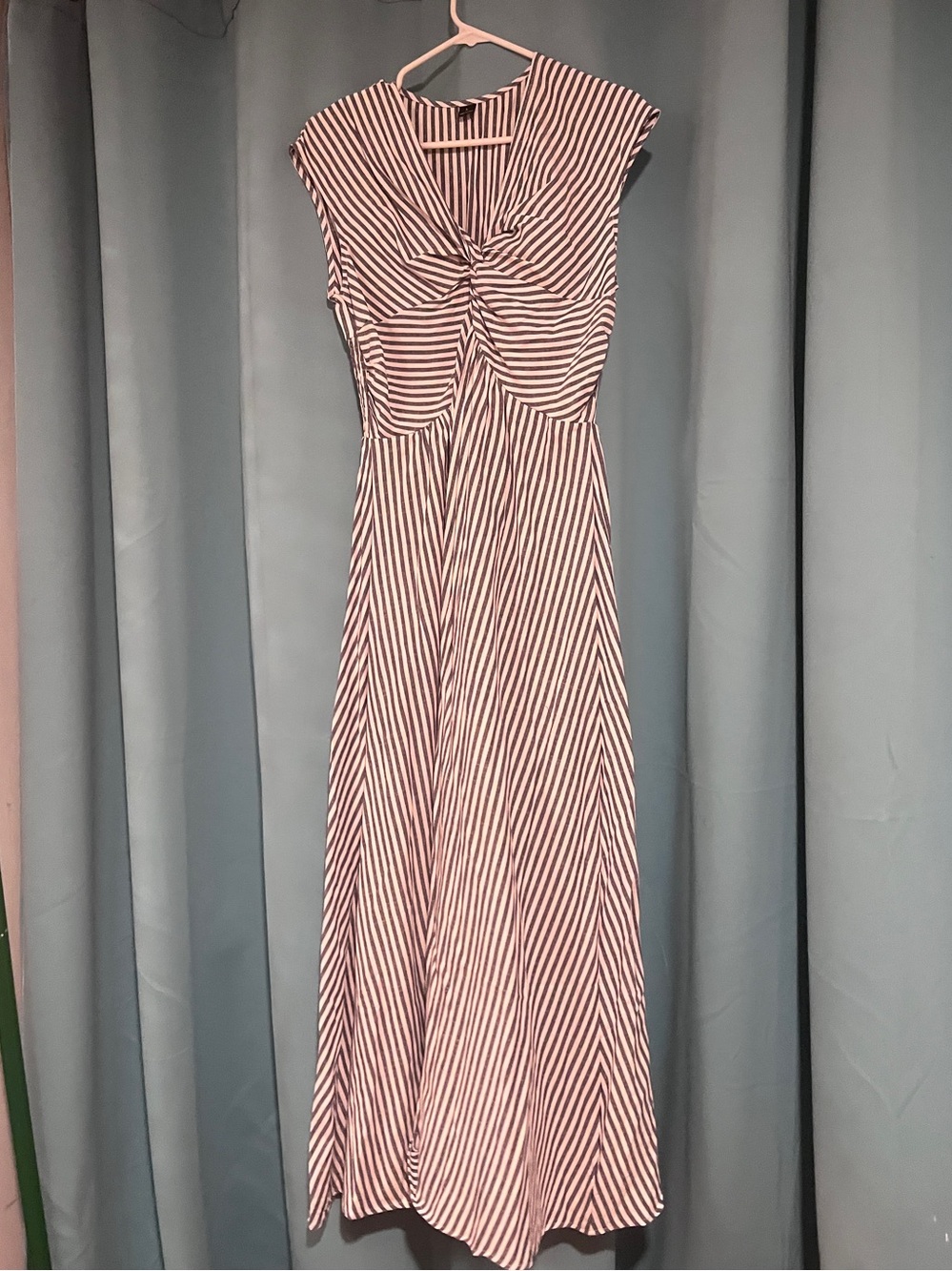 Striped Twist Front Maxi Dress in White and Grey/Blue - large